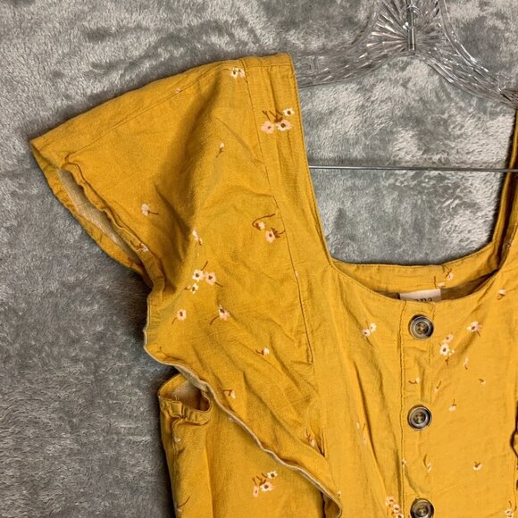 ana Women Floral Linen Blend Mustard Yellow Flutter Sleeve Mini Sheath Dress M - Picture 3 of 9